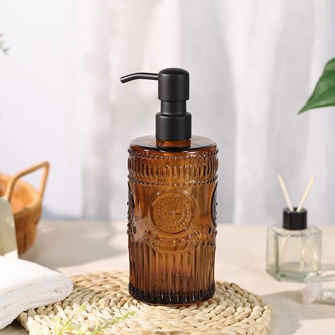 17 OZ Sunflower Embossed Glass Soap Dispenser - 2 Pack, with 304 Rust Proof Stainless Steel Pump, Glass Soap and Lotion Dispenser Set, Liquid Hand Soap Dispenser for Home, Kitchen & Bathroom (Amber)