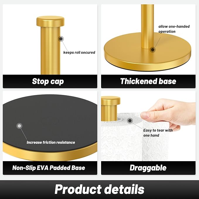VEHHE Paper Towel Holder Countertop, Weighted Non-Slip Base, Stainless Steel Paper Towel Holder for Kitchen Bathroom (Gold)