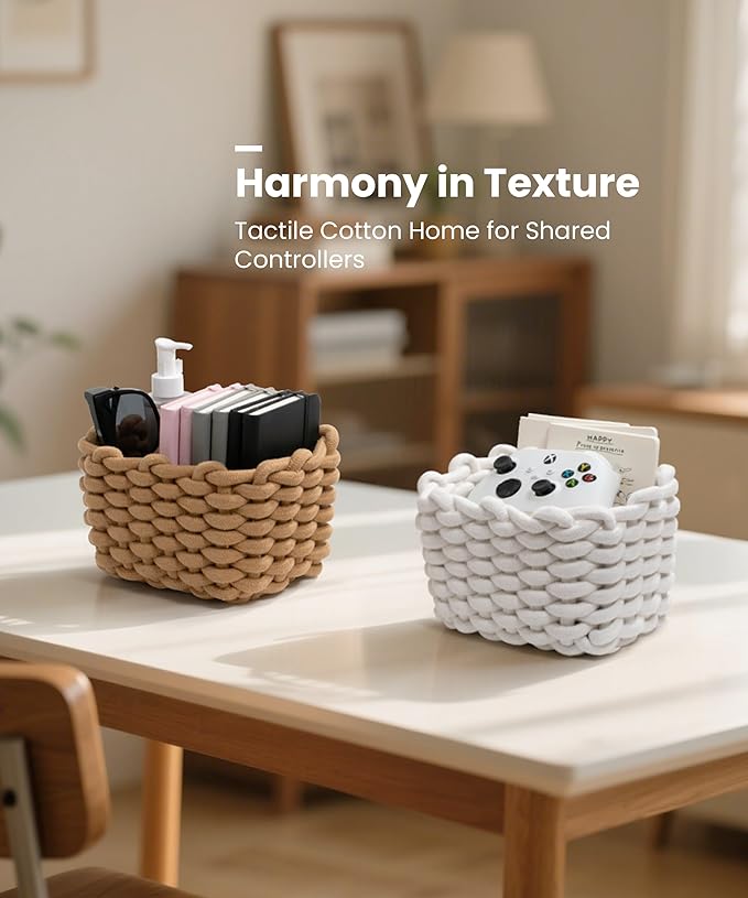 Small Macrame Woven Storage Baskets 2 Pack – Boho Cotton Rope Bins for Bathroom, Bedroom, Desk & Vanity Organizer – White & White, 7x5.5x5 Inches