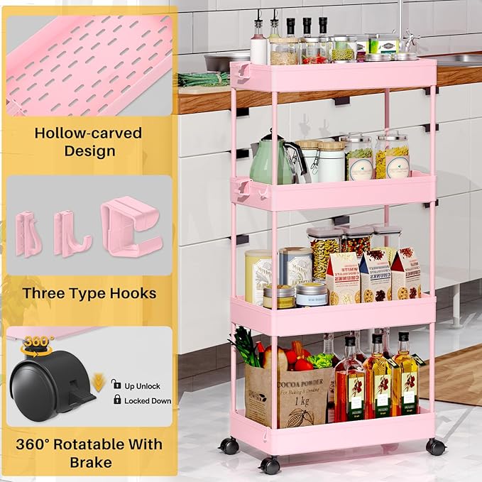 SPACEKEEPER Storage Cart 4-Tier, Bathroom Rolling Cart Utility Storage Organizer Shelf Mobile Shelving Unit for Kitchen Living Room Bathroom Laundry Room & Dressers, Pink