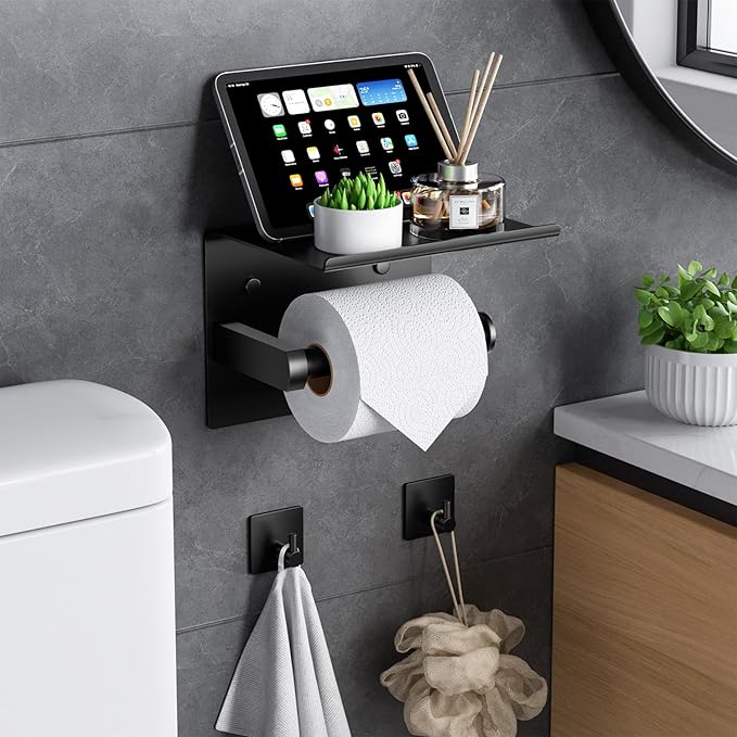Tindbea Mega Size Toilet Paper Holder with Shelf + Towel Robe Hooks, Adhesive or Screw Wall Mounted Toilet Paper Roll Holder, Stainless Steel Bathroom Hardware Set (Matte Black)…