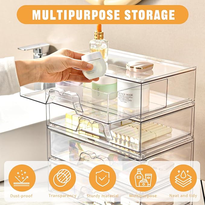 2 Pack Stackable Makeup Organizer, 12.1''L Acrylic Bathroom Organizer and Storage Undersink Drawer, Cosmetics and Beauty Supplies,Clear Plastic Storage Bins for Desk,Cabinet,Kitchen,Vanity,Pantry