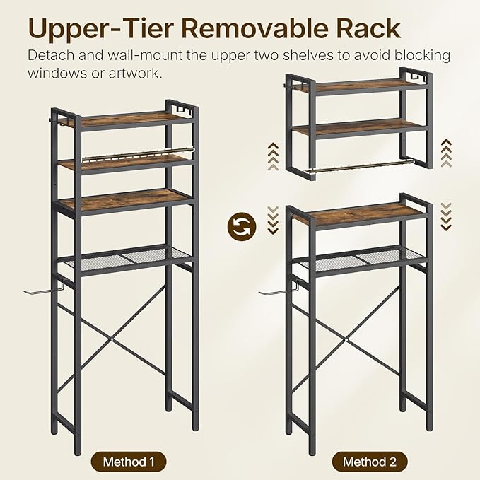 YATINEY Over The Toilet Storage Rack, 4-Tier Freestanding Bathroom Organizer Above Toilet, Toilet Shelf with Detachable Upper Shelves, X-Shaped Back Support, Rustic Brown and Black TR05BR