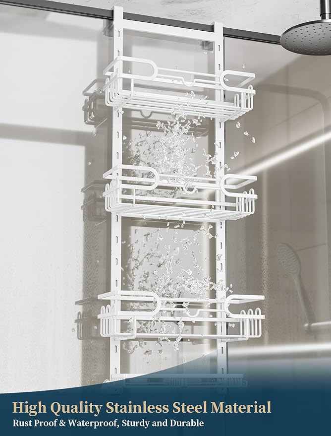 Consumest Over The Door Shower Caddy - 4 Tier Adjustable Hanging Shower Organizer Shelf with 2 Soap Holders & 22 Hooks, Rustproof Easy Installation Hanging Storage Rack for Bathroom, White