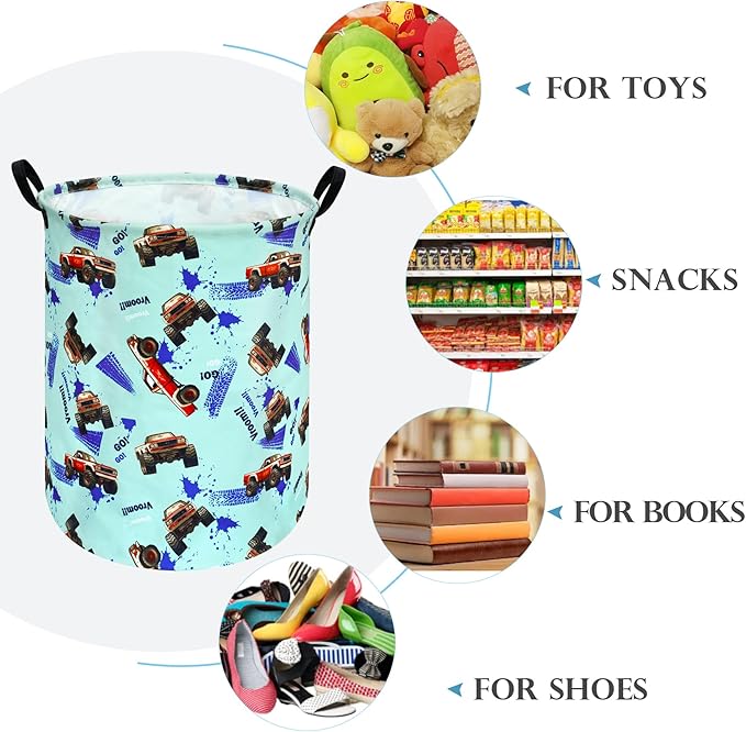Round Car Truck Laundry Hamper Storage Basket Fabric Material Storage Hamper Organization Basket, Storage Bin, Gift Box with Handles for Room