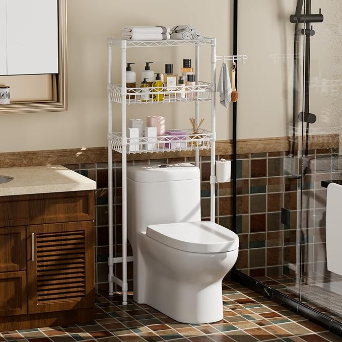 Golpart 3-Tier Over-The-Toilet Storage Shelf,Heavy-Duty Adjustable Bathroom Rack with 2 Mesh Baskets,Toilet Paper Holder & Hooks,Space-Saving Organizer for Bathroom,10”D x 24”W x 66”H,White