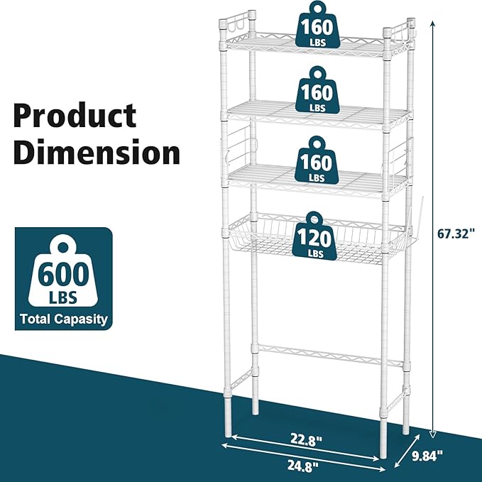 PrimeZone Over The Toilet Storage Rack - 4 Tier Adjustable Bathroom Shelf Organizer, Metal Space Saver Over Toilet with 2 Hooks, Freestanding Above Toilet Storage Shelves for Bathroom Laundry, White