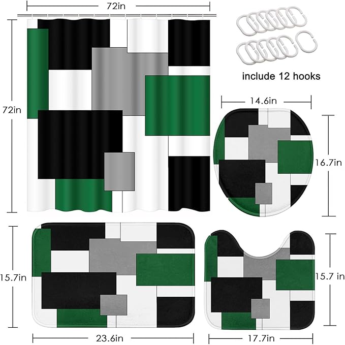 Green Geometric Shower Curtain Set with Toilet Lid Cover and Non-Slip Rugs for Bathroom, Grey Black White Checkered 4 Pcs Shower Curtain, Modern Abstract Bathroom Set with 12 Hooks