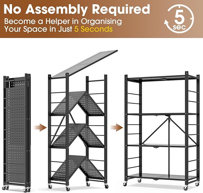4-Tier Folding Metal Storage Shelf with Wheels & Hooks, Heavy Duty No-Assembly Collapsible Utility Rack for Kitchen, Garage, Office, Living Room – 600 lbs Capacity(Black, 4-Tier)