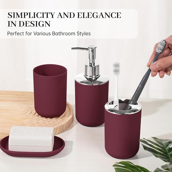 Bathroom Accessory Set, 4 Pcs Plastic Bathroom Set Include Soap Dispenser, Soap Dish, Toothbrush Holder, Mousewash Cup, Modern Bahtroom Décor Set, Space Save for Bathroom(Burgundy)