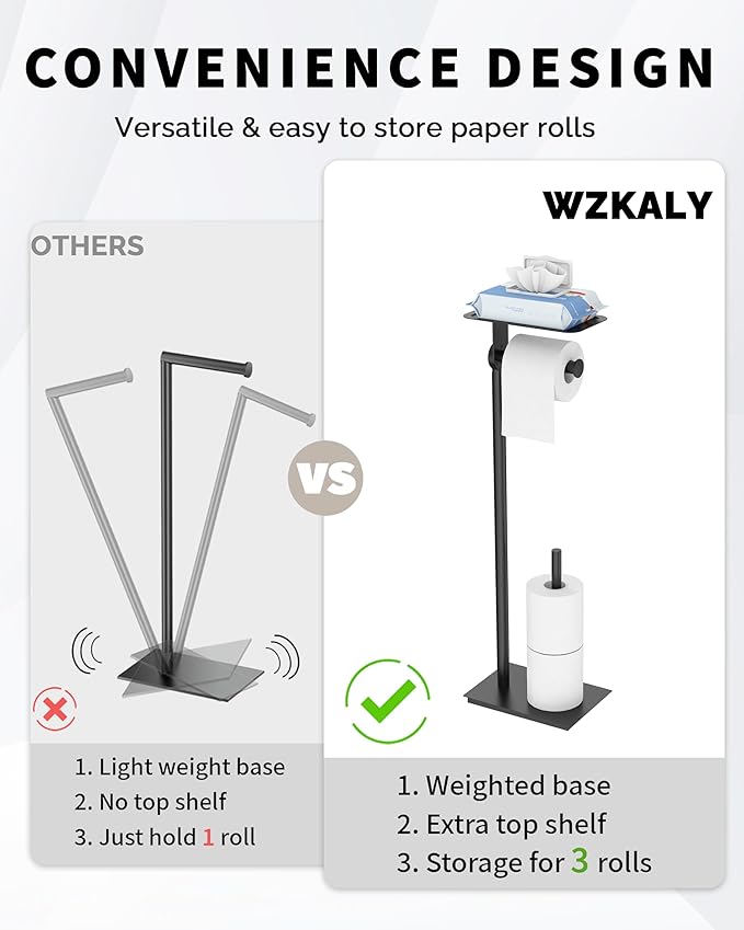 Toilet Paper Holder Stand, Free Standing Toilet Paper Holder with Shelf for Bathroom, Stainless Steel Toilet Paper Roll Holder with Storage, Reserve for 3 Rolls, Weighted Base(Matte Black)