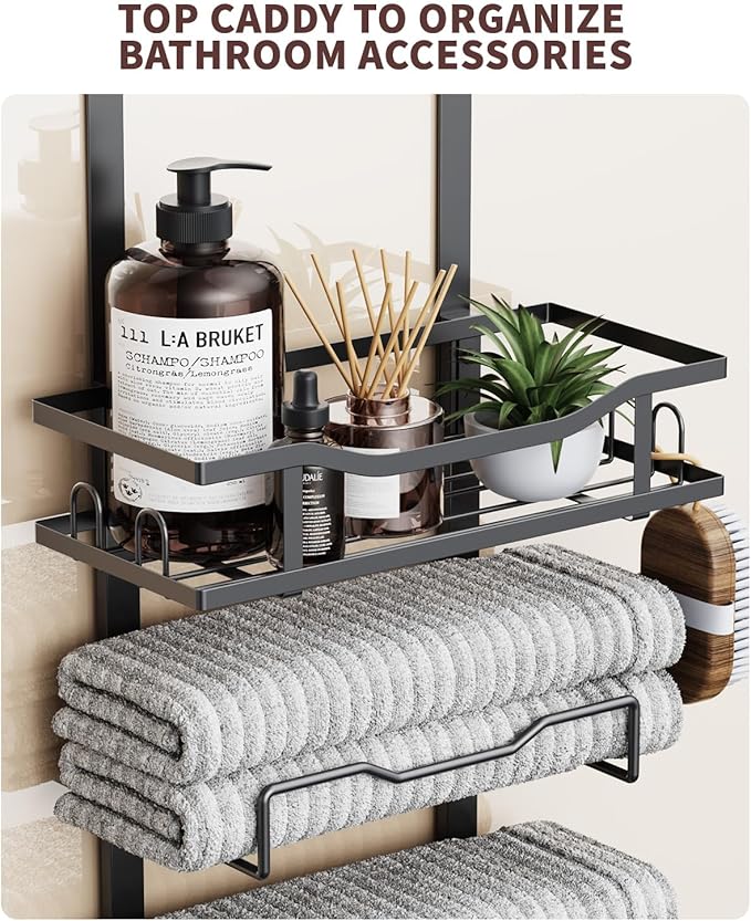 Aetyord Hanging Towel Racks for Bathroom No Drill - Over The Door 8-Tier Bath Towel Storage Organizer for Small Bathrooms - Back Door Large Tiered Towel Holder Hanger for Rolled Towels RV Camper BLACK