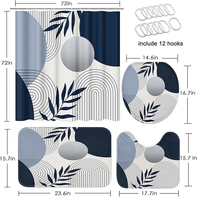 Boho Navy Blue and Grey Shower Curtain Set with Toilet Lid Cover and Non-Slip Rugs, Modern Minimalist Geometric Mid Century Abstract Leaf 4 Pcs Shower Curtain for Bathroom Set with 12 Hooks