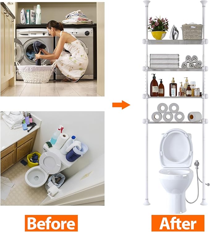 4-Tier Over The Toilet Storage Shelf, 4.5-9.5 FT Adjustable Bathroom Organizer, Heavy Duty Metal Shelves Above Behind Toilet Laundry, Space-Saving Shelving for Small Rooms, No Drill, White
