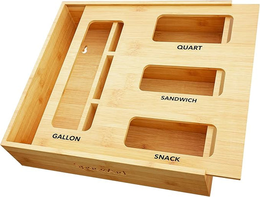 SpaceAid Bag Storage Organizer for Kitchen Drawer, Bamboo Organizer, Compatible with Gallon, Quart, Sandwich and Snack Variety Size Bag (1 Box 4 Slots)