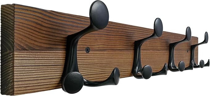 SKOLOO 24-Inch Wood Coat Rack Wall Mount with 4 Triple Hooks - Ideal for Family Entrances, Classrooms, and Pet Supplies Storage - Perfect Coat Hooks for Wall,Charred Golden Brown