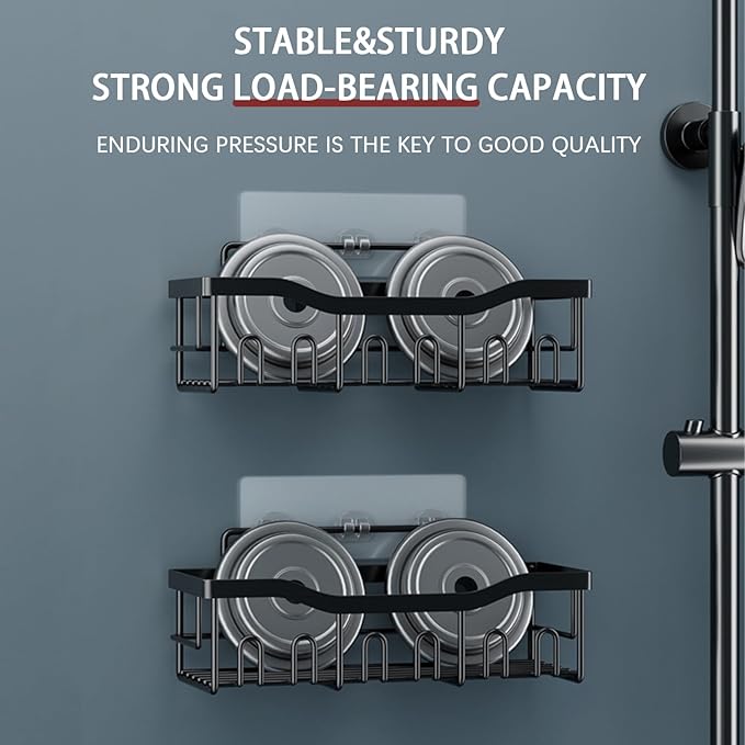 Durable Rustproof Shower Caddy 5 Pack, Stainless Steel Bathroom Storage Accessories, No Drilling Adhesive Shower Organizer, Hanging Bathroom Rack Shelves with Soap Razor Holder Set, Black