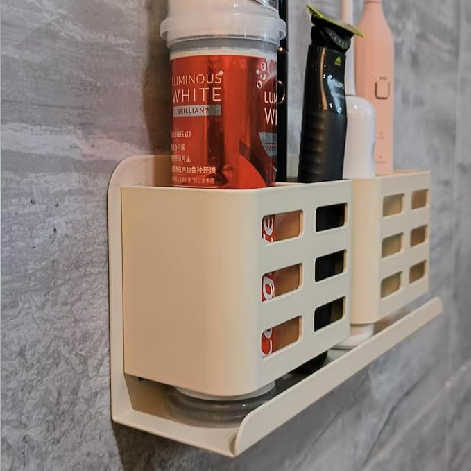 Aluminum Toothbrush Holder Self-Adhesive Wall Mount Bathroom Organizer for Toothbrush, Razor, Comb & Toothpaste. (Cream White