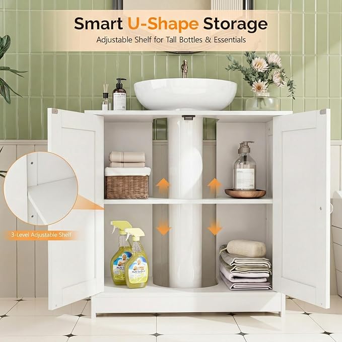 Bonnlo Pedestal Sink Storage Cabinet with 2 Doors Traditional Under Sink Cabinet Bathroom Space Saver Organizer with Adjustable Shelf White 23 5/8" W x 11 7/16" D x 23 5/8" H