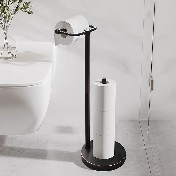 RARXTR Toilet Paper Holder Stand, Post Pivoting Design Free Standing Toilet Paper Holder with Storage for 4 Rolls, 304 Stainless Steel Tissue Holder with Reserve, Heavy-Duty Base (Oil Rubbed Bronze)