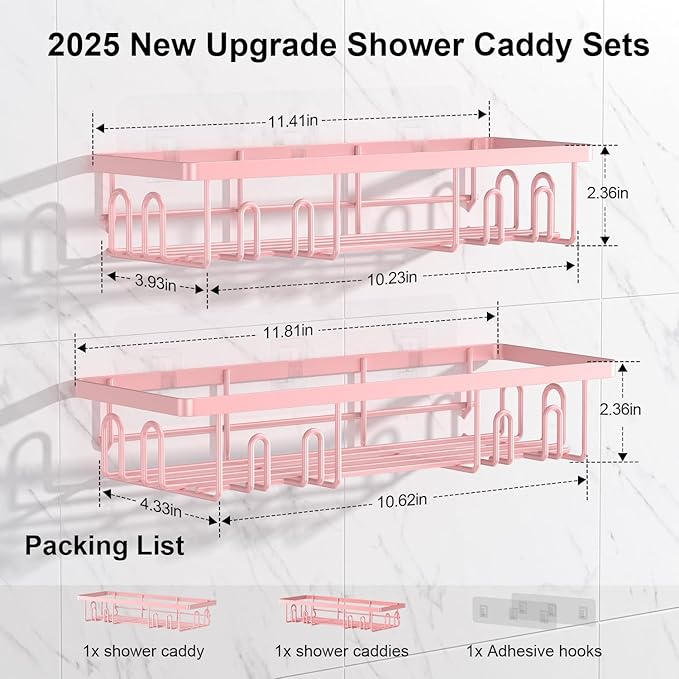 Getsrichfc Shower Caddy Adhesive, Rustproof Shower Shelves for Inside Shower, Large Capacity Bathroom Organizers and Storage, Shower Storage with Removable Hooks, No Drill Bathroom Accessories Pink
