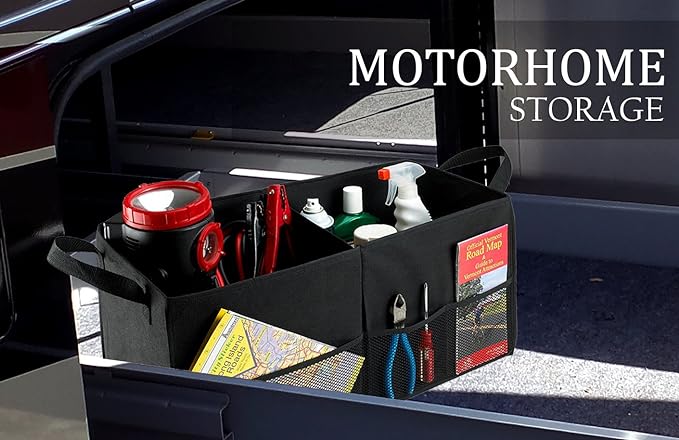 Handy Laundry Car Trunk Organizer – Large 2 Compartment Storage Bin with Non-Slip Fastener, Mesh Side Pockets & Heavy-Duty Handles, 22 x 10 x 11 in, Black – Prevents Shifting & Rolling