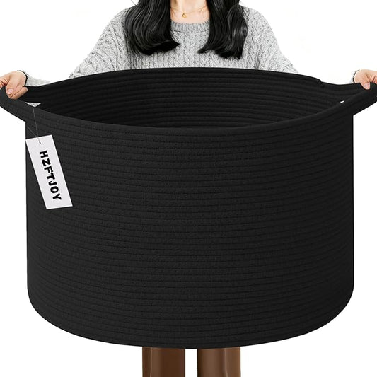 115L Extra Large Blanket Basket,Woven Rope Laundry Basket Hamper with Handles, Decorative Nursery Basket Storage Bin for Toys, Clothes Organizer, Living Room, Bedroom, Bathroom, Black