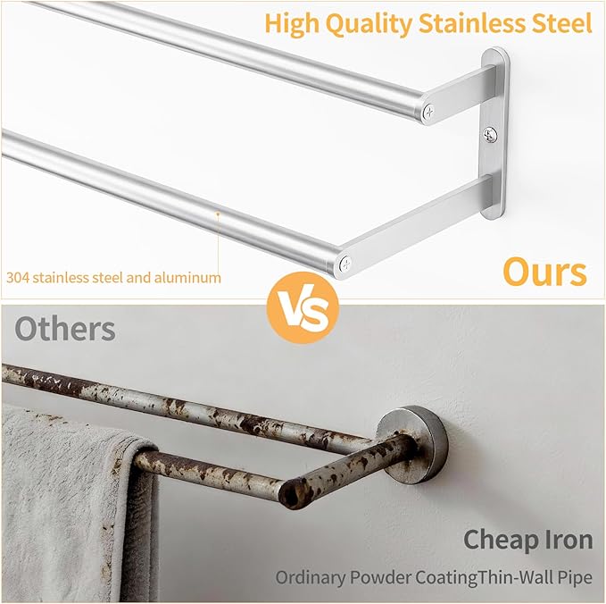 Double Towel Bar 24 Inch, Towel Rack for Bathroom, Stainless Steel Double Bath Towel Rack Wall Mounted, Bathroom Towel Holder Towel Rod for Wall, Brushed Nickel