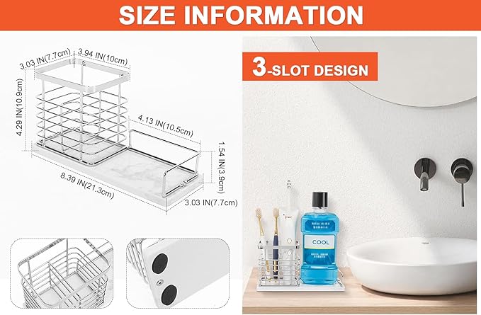 Toothbrush Holder, Luxurious Metal Toothbrush Toothpaste Holder with Marble Base for Bathroom, Multi-Slots Openwork Design, Bathroom Accessory for Storage and Organizer (Large, Chrome)