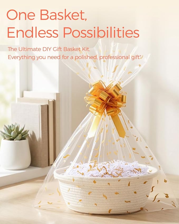 SUNCOLOR Small Woven Gift Basket Set with Cut Paper Shred Filler, Pull Bow & Cellophane Bag, 12x8x5 Inch Durable Cotton Rope Storage Basket for Easter, Baby Shower, Birthday, Holidays