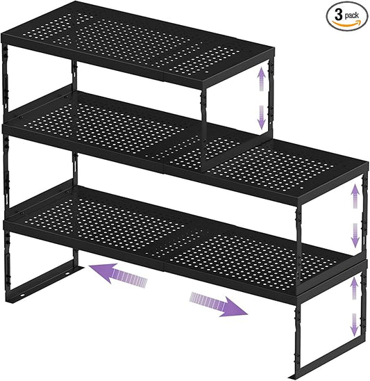 Stackable Expandable Metal Shelf Organizer, Adjustable Storage Rack, Heavy Duty Space Saver for Kitchen, Pantry, Bathroom, Countertop & Office(3Pack/Medium/Black)