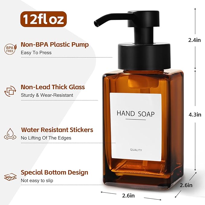 Foam Hand Soap Dispenser, 12oz/350ml Amber Foaming Soap Dispenser Set, 2Pcs Amber Glass Foam Dispenser with Foaming Pump, Labels, Refillable Square Dispenser for Bathroom, Kitchen