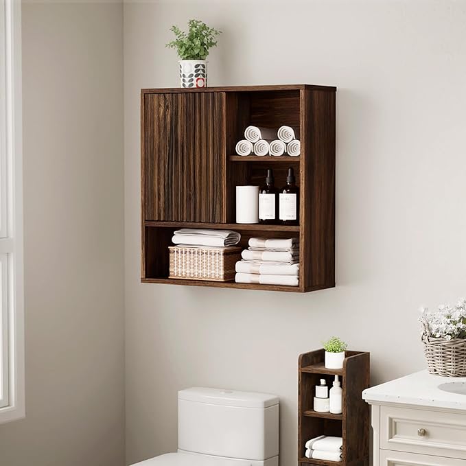 FerniTry Farmhouse Bathroom Wall Cabinet Fluted,Medicine Cabinet Over The Toilet Storage Cabinet with Adjustable Shelf, Wood Wall Mounted Storage Cabinet Organizer 23.2Wx24Hx7.6D (Dark Walnut, Medium)
