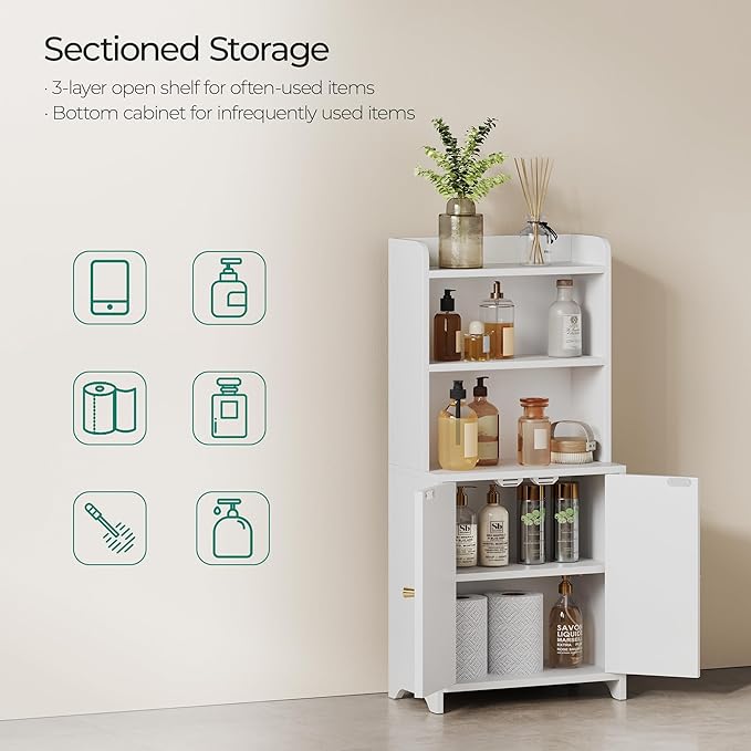 Bathroom Cabinet with 2 Doors, Small Freestanding Storage Cabinet with Adjustable Shelf, Slim Bathroom Organizers, Floor Cabinet for Small Spaces, Bathroom, 7.9" D x 14.7" W x 32" H, White