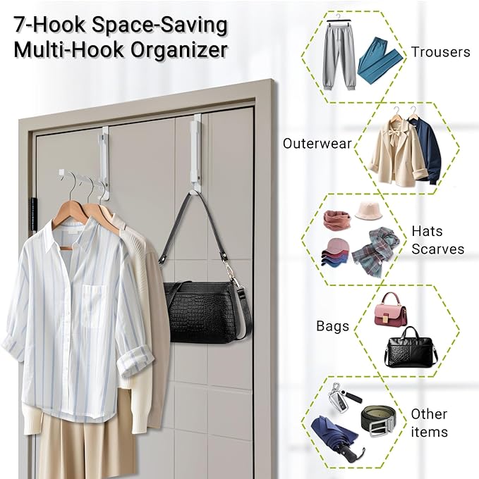 Over The Door Hooks, 7-Hook Metal Door Hanger Clothes Drying Rack, Foldable Portable Space Saving, Extra Large Hook for Clothes Coat Bag - Bedroom Laundry Room Travel, White