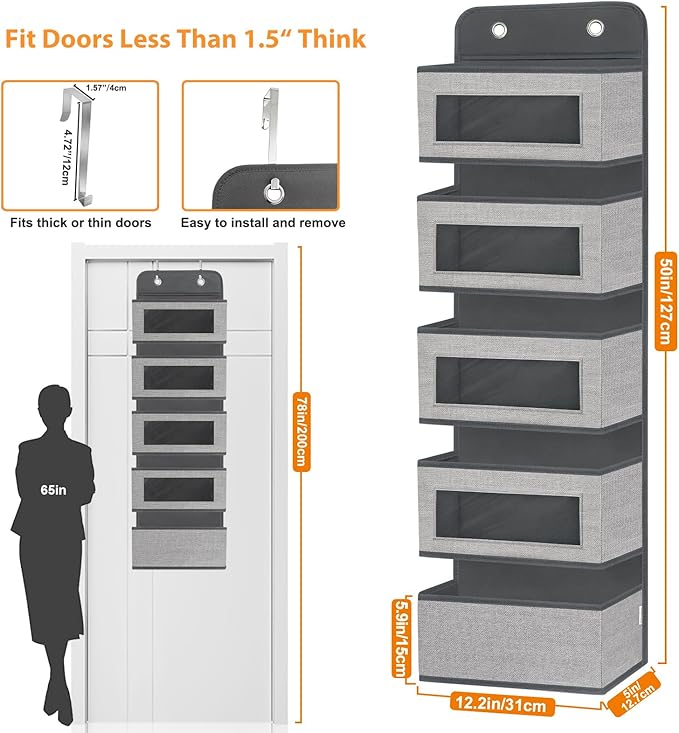 Over The Door Hanging Organizer Storage with 5 Large Pockets,Wall Mount Clear Windows and 2 Widened Metal Hooks for Pantry,Nursery,Diapers,Bathroom,Kitchen,Closet,Dorm