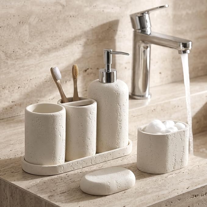 Bathroom Accessories Set, 5PCS Modern Bathroom Accessory Set with Soap Dispenser, Mouthwash Cup & Toothbrush Holder, Qtip Holder, Tray