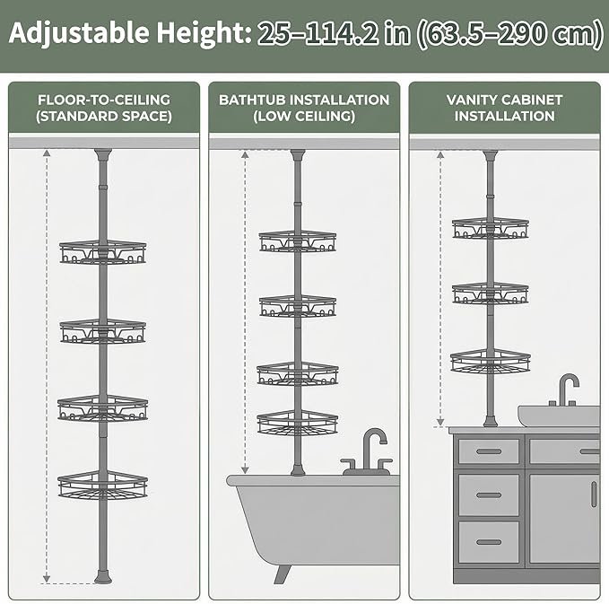 KEGII Corner Shower Caddy Tension Pole, 4-Tier Large Capacity Shower Shelves, Adjustable 52-114.2 Inch No-Drill Rustproof Corner Bathroom Organizer with Towel Bar, Hooks & Razor Holder, Black