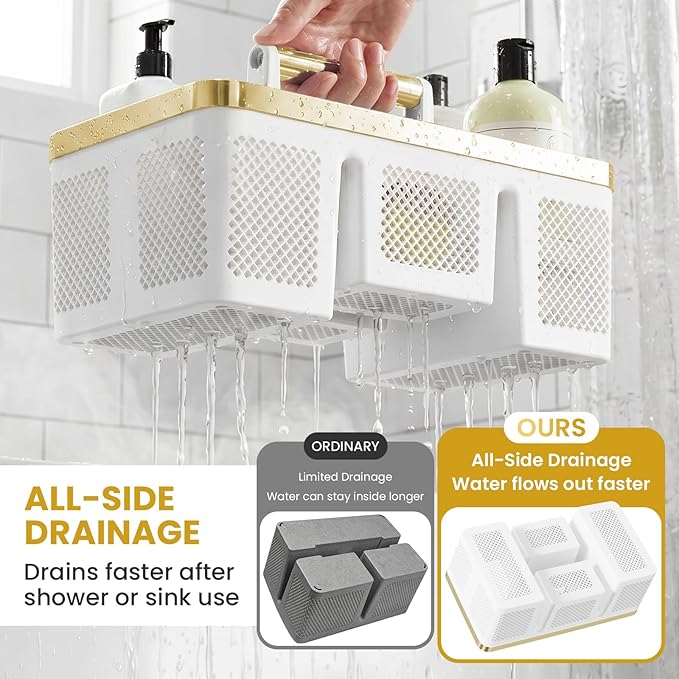 BYUNER Portable Cleaning Caddy & Shower Basket: Hard Plastic Caddy Organizer with Handle, 4 Divided Compartments, All-Side Drainage for Bathroom, Dorm & Utility, College Dorm Room Essentials