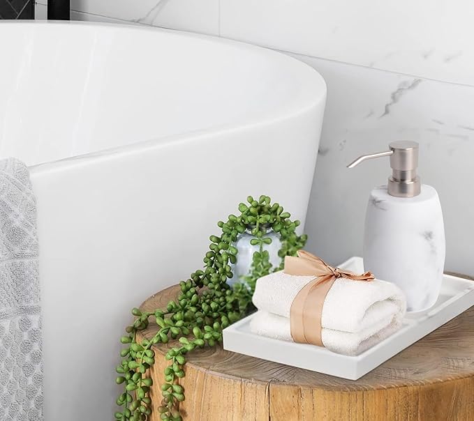 Clasin Home Resin Soap Dispenser Set 2, Refillable Hand Soap Dispenser with White Marble Look and Metallic Pump, Kitchen, Bathroom, Waterproof Labels (12 Oz)