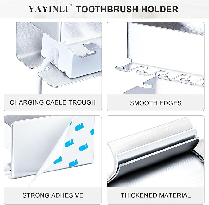 Toothbrush Head Holders, Electric Tooth Brush Head Holder, Adhesive Toothpaste Holder for Shower Bathrooms, Wall Mounted Tooth Brushing Holder Organizer Storage (Silver, Small)