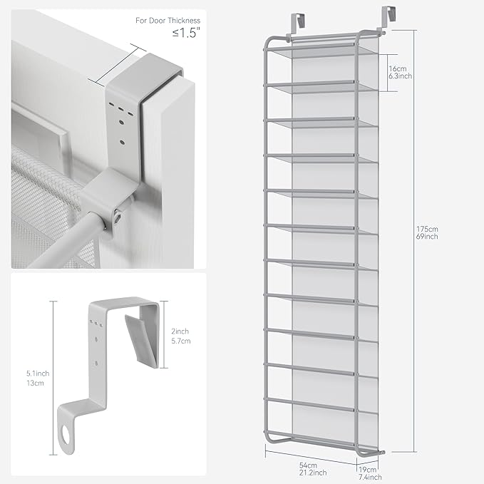 Whitmor 36 Pair Over The Door Shoe Organizer, 12 Tier Hanging Shoe Organizer, Heavy Duty Metal & Mesh Shoe Holder, Hanging Shoe Rack for Closet Organizer & Storage, 74"L x 21.7"W x 7.5"H, Grey