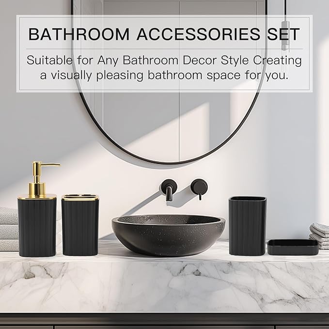 4-Piece Bathroom Accessories Set, Black and Gold Bathroom Set Includes Soap Dispensers, Toothbrush Holder, Soap Dish and Cup, Black Gold Bathroom Decor for Modern Homes