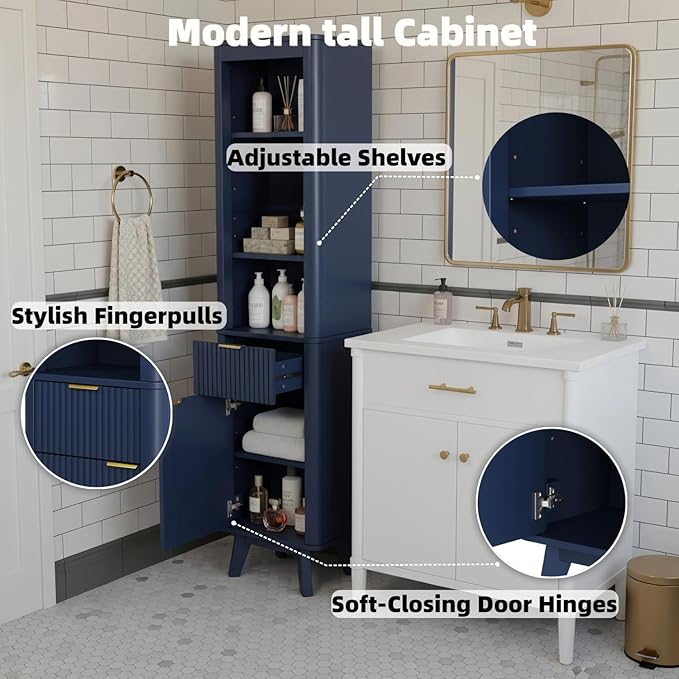 XIAO WEI 68" Tall Bathroom Storage Cabinet, Narrow Bathroom Storage Cabinets with 3 Adjustable Shelves, Slim Wooden Storage Cabinet with 1 Drawer & Door for Bathroom, Blue