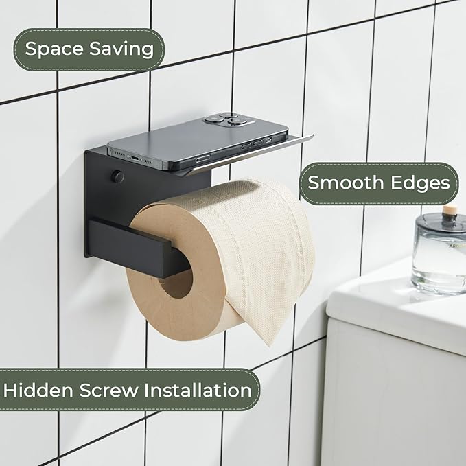 KOKOSIRI Black Toilet Paper Holders with Shelf Bathroom Toilet Paper Roll Holder SUS304 Stainless Steel Wall Mounted, Matte Black, B2010BK