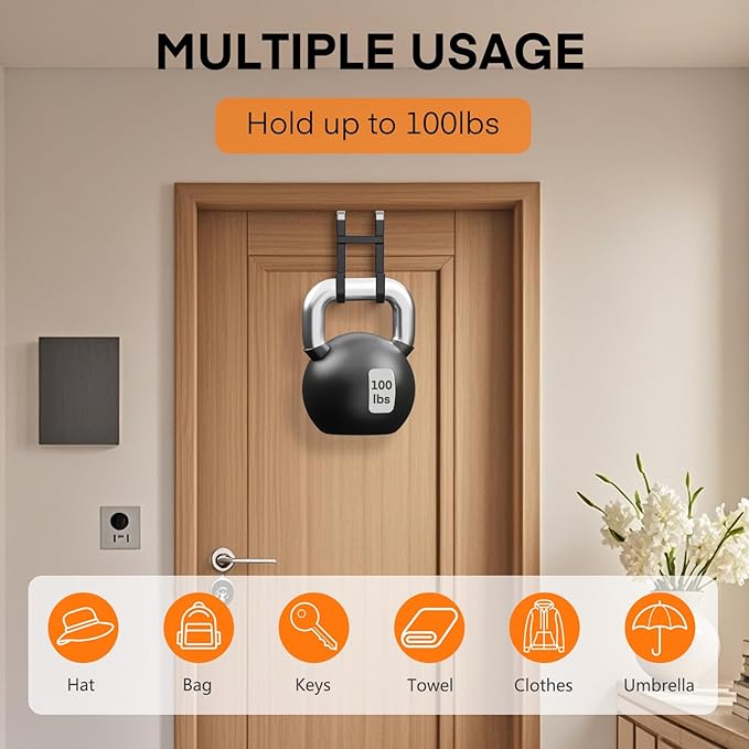 FYY Over The Door Hooks - 2 Pack Heavy Duty Double-Hanger Organizer for Bathroom Bedroom Dorm, Hanging Clothes Towels Hats Bags Ironing Board Wreath Robe - Fits Interior Doors Up to 1 3/8" Black