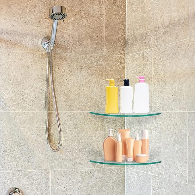 2 Pcs Tempered Glass Corner Shelf with 8 Brackets, 9.5" x 9.5" Floating Shower Caddy, Wall Mounted Shampoo Holder Organizer for Bathroom, Kitchen, Living Room