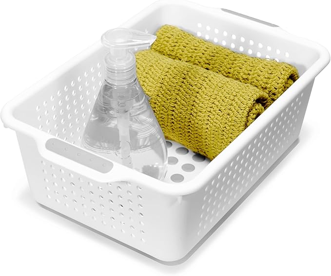 madesmart Small Storage Basket, Multipurpose Organizer with Soft-Grip Handles & Non-Slip Feet, Heavy-Duty Ventilated Design for Laundry, Bath & Kitchen, White, 12 x 8 x 4"