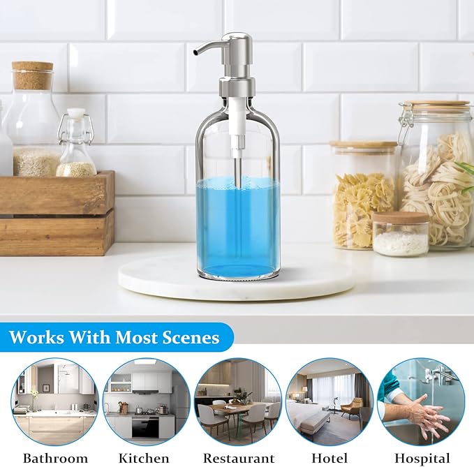 ARKTEK Glass Soap Dispenser - Clear Dish Soap Dispenser for Kitchen, Refillable Liquid Hand SoapDispenser with Rust Proof Stainless Steel Pump for Bathroom, Countertop (17 Ounce/ 500 ML)