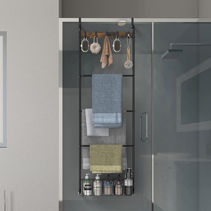 Over The Door Towel Rack,5-Tier Over Door Towel Racks for Bathroom,Towel Rack with Hooks and Basket Door Hanging,Blanket Ladder for Living Room Black